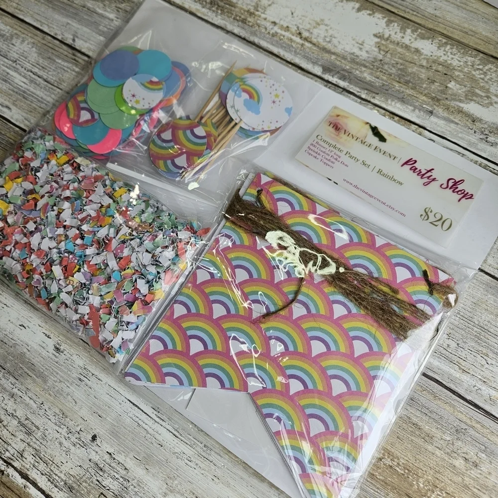 Vibrant Rainbow Party Decorations: Banner, Confetti, Cupcake Toppers